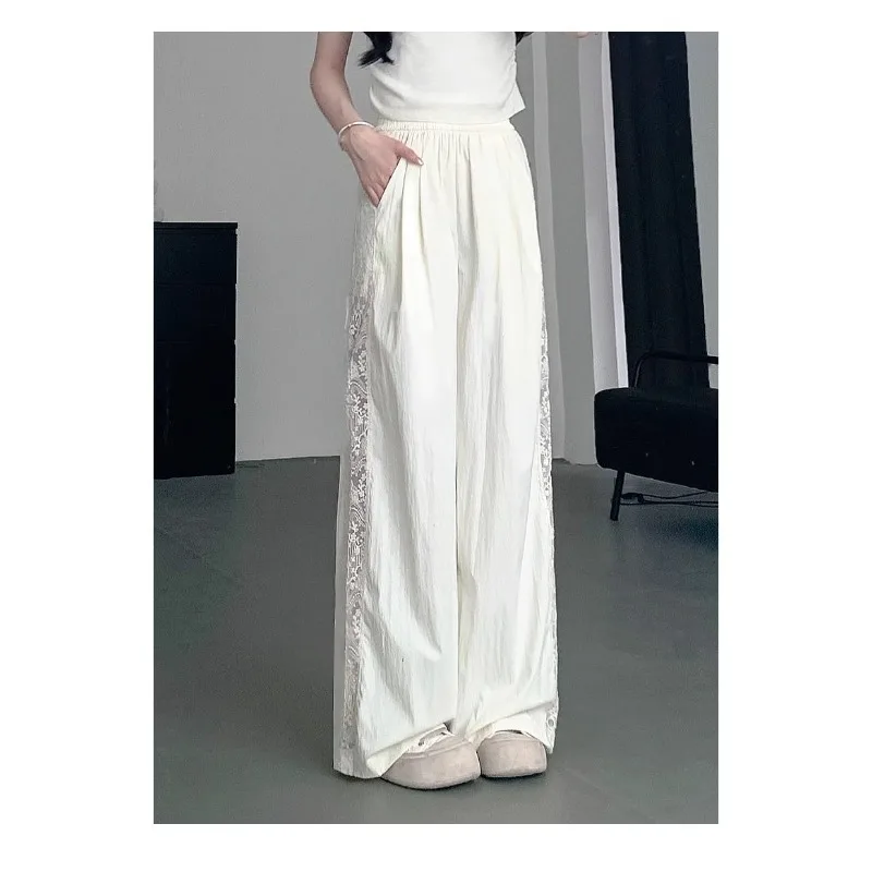 

White Lace Patchwork Openwork Wide Leg Spring Summer New Loose Milk Cream Leisure Pants