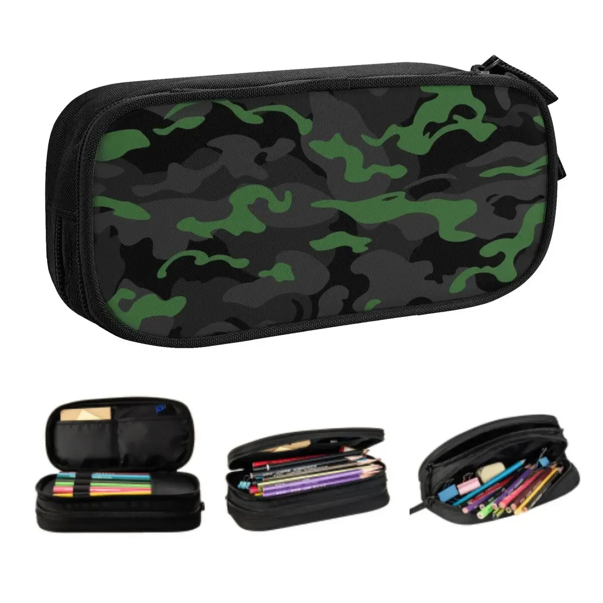 Estuche de lápices de camuflaje verde y negro de camuflaje Kawaii personalizado para niñas y niños, bolsa de lápices de almacenamiento grande, papelería