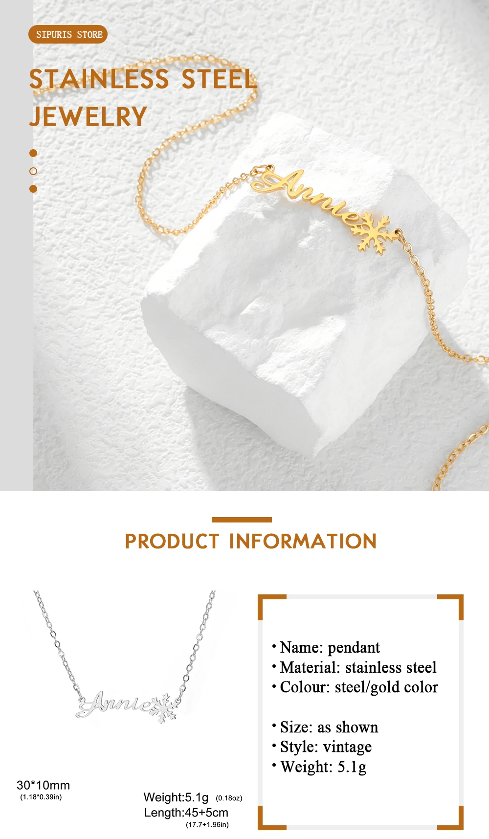 Sipuris Schneeflocken-Halskette mit individuellem Namen, Edelstahl, personalisierte Namensschild-Schmuckstücke, Weihnachtsgeschenk für Frauen – Detail 3