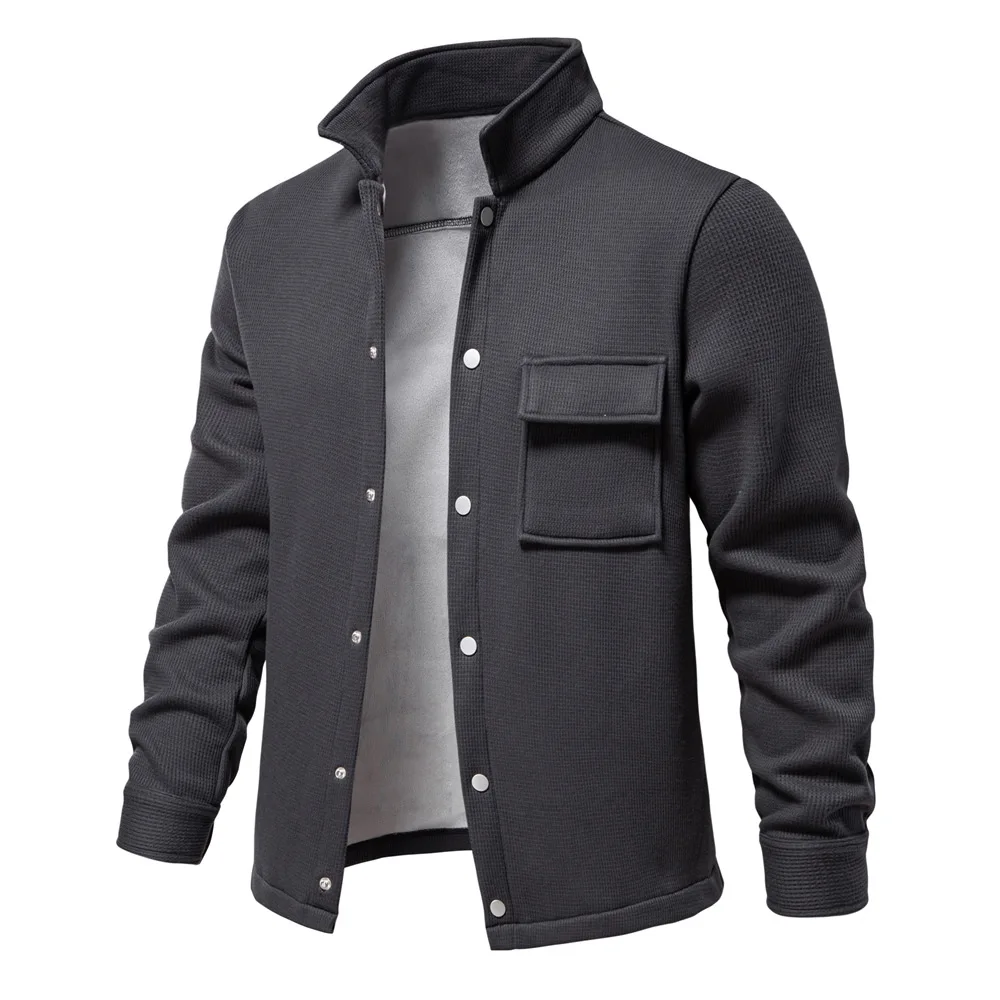 Autumn Winter Fleece Waffle Lapel Zip-Up Jacket Men's Pocket Casual Outerwear