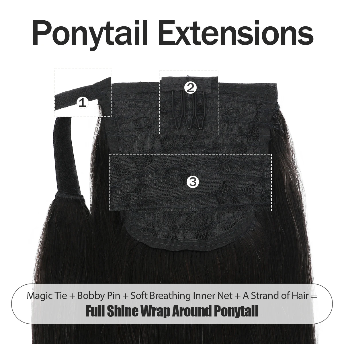 人毛ポニーテールエクステンション ラップアラウンドホーステール ストレート ブラジリアン100% レミー人毛ポニーテールエクステンション 14-24インチ