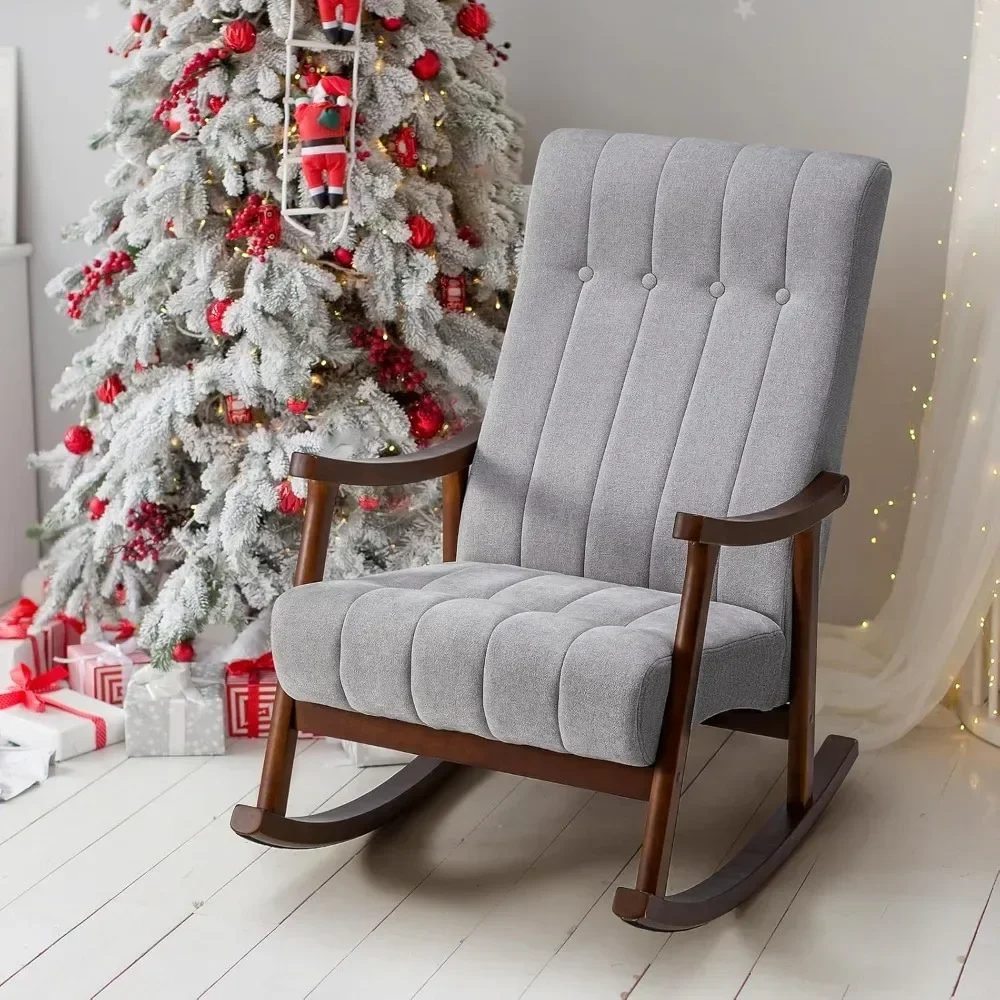 Upholstered Rocking Chair with Fabric Padded Seat,Comfortable Rocker Solid Wood for Living Room,Modern High Back Armchair