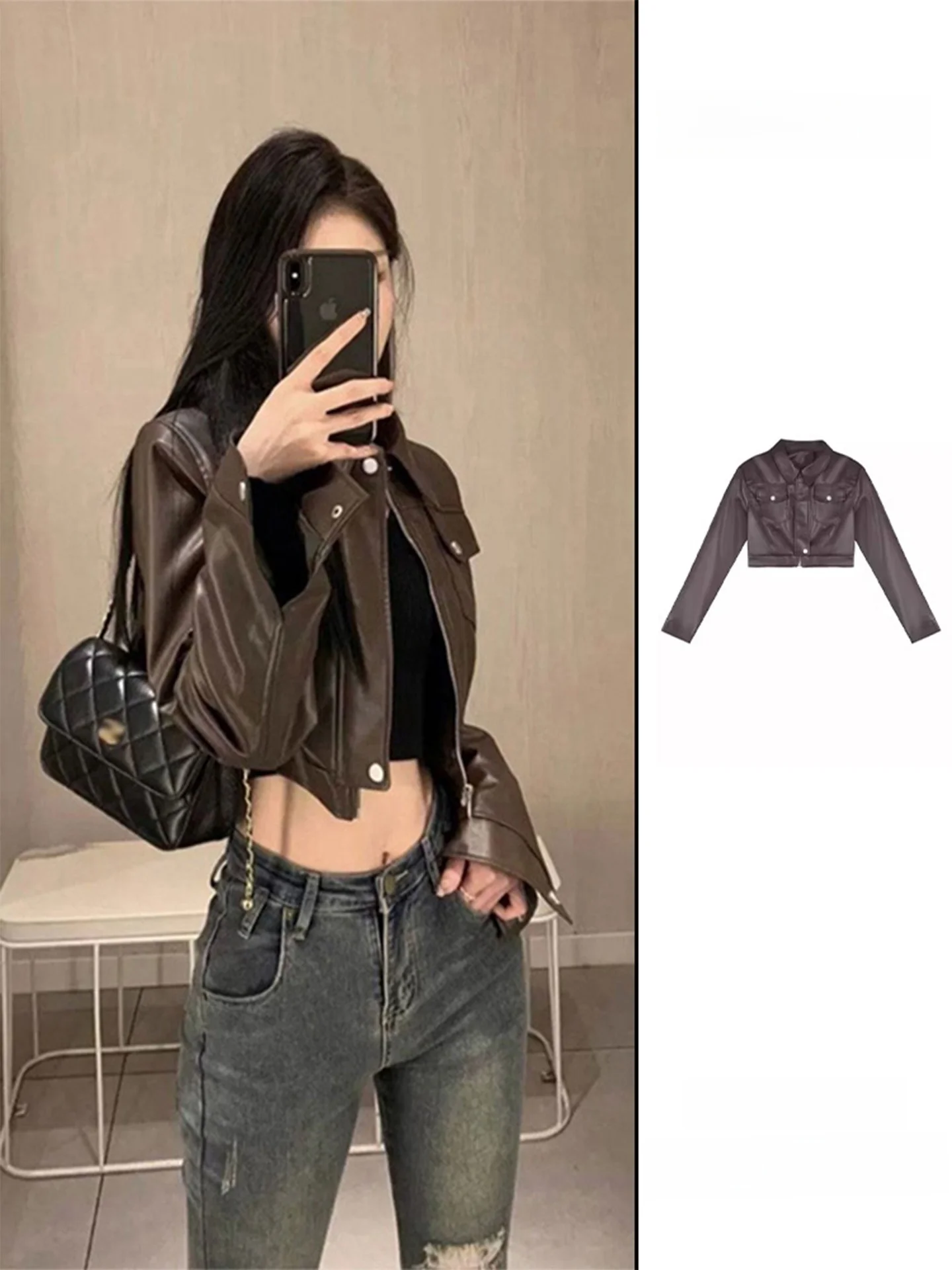 

ort Ce Brown Leather Jaet Women's Spring Autumn New American Retro Design Sense Motorcycle Clothes Top Ladies Faion