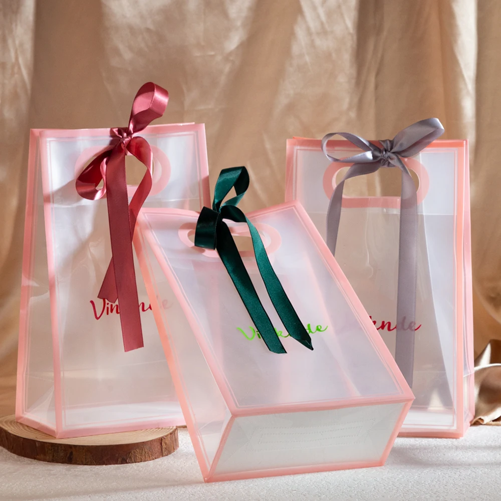 

50Pcs Custom Logo Happy Birthday Wedding Gift Bow Bag Waterproof Transparent PP Pvc Bags Plastic Tote Shopping Bag for Promotion