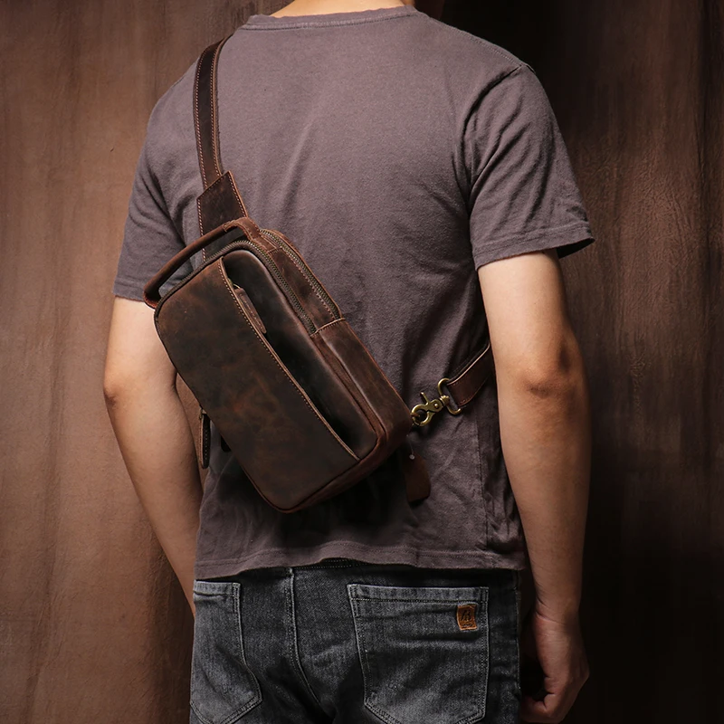 GURO Men\'s Higher Quality Chest Pack Vintage Genuine Leather Travel Sling Bag Male Luxury satchel Crazy Horse Cowhide Crossbody