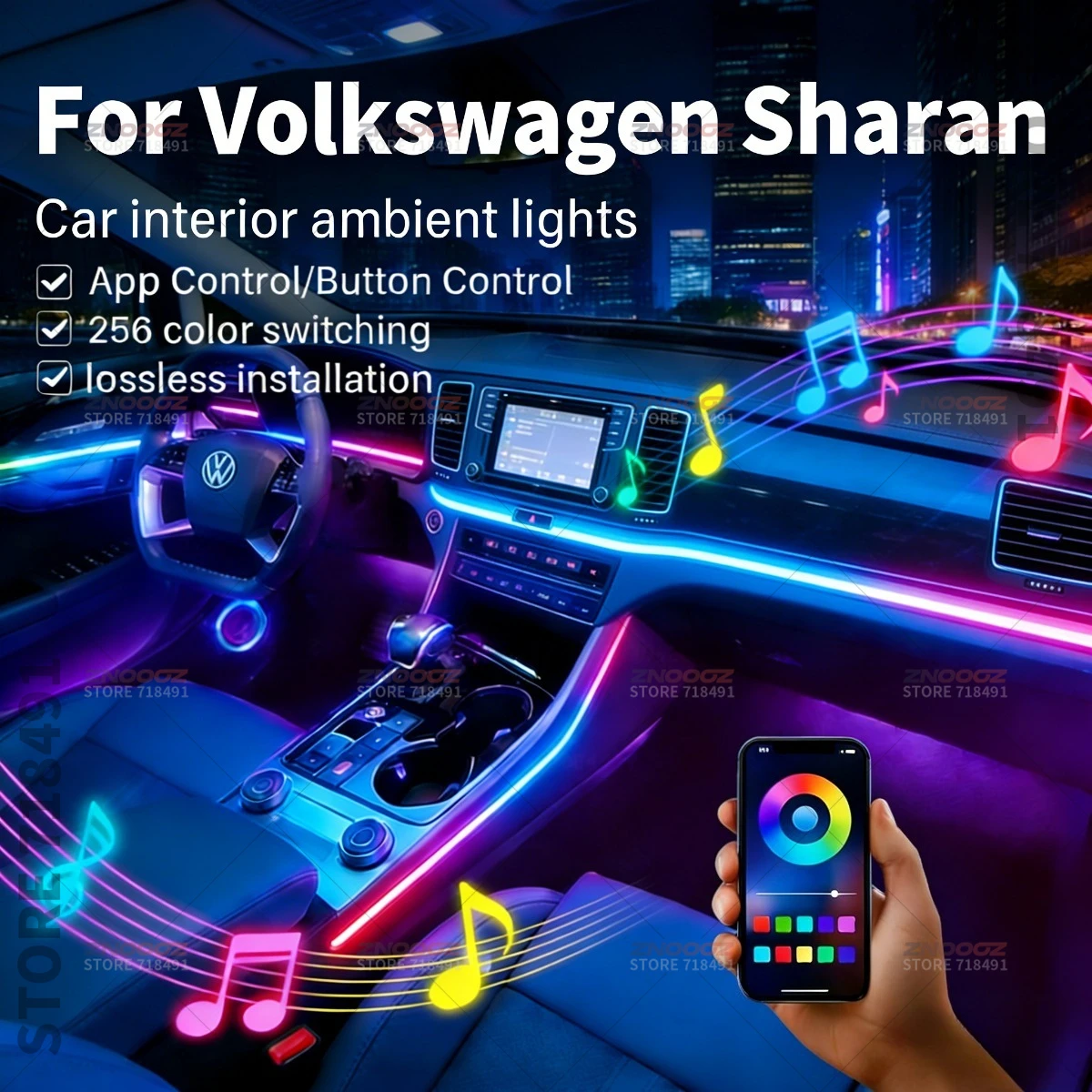 22in1 RGB Car Interior Acrylic Car Ambient Lights RGB Hidden Acrylic Strip Decoration Atmosphere Accessories For VW Sharan