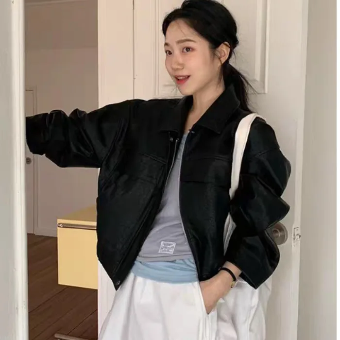 Black Elastic Hem Small Collar PU Leather Jacket Short Outerwear for Women Long Sleeve Sheep Leather Fashion Versatile