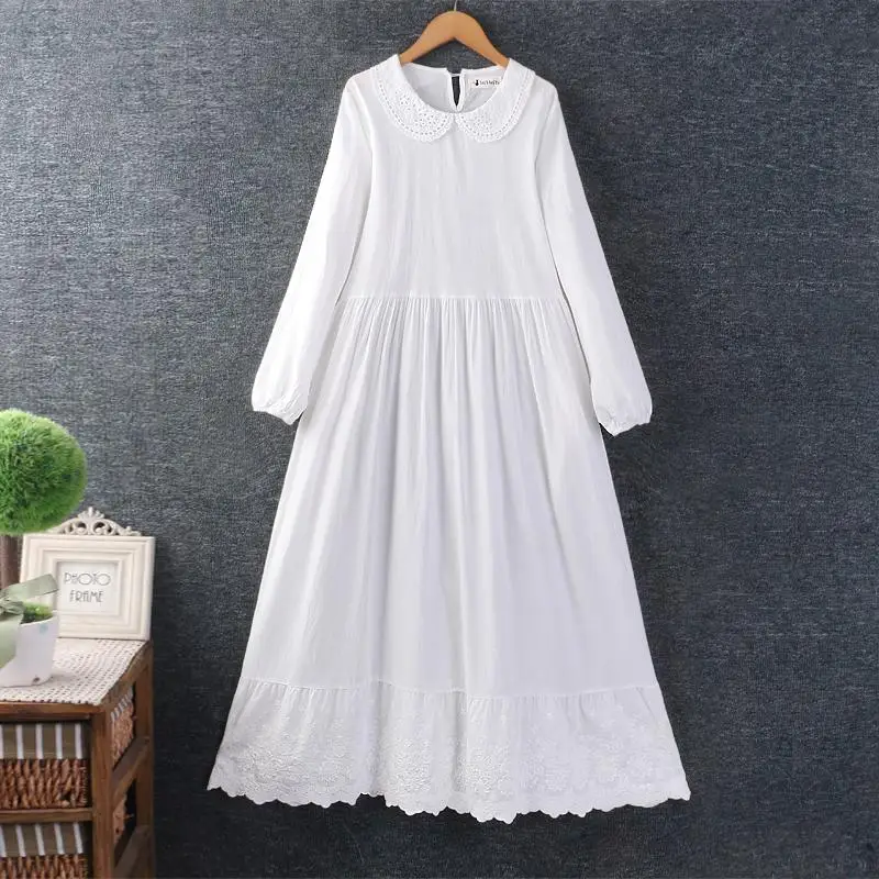 봄 신상 여성용 예술적 프레시 화이트 자수 긴팔 면 린넨 루즈핏 레이어드 롱 드레스 A라인 스커트