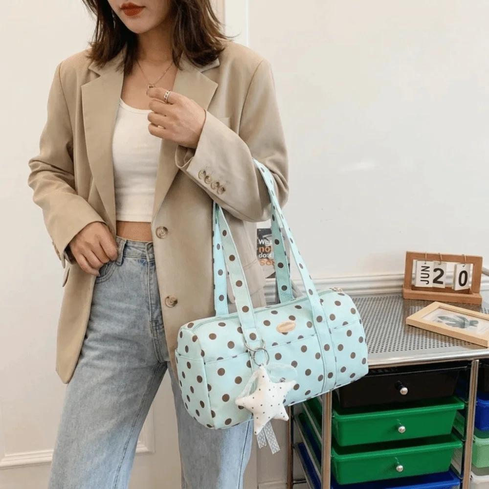 Vintage Cylinder Polka Dot Shoulder Bag Zipper Closure Large Capacity Pillow Bag Lace Strap With Star Pendant Underarm Bag Women