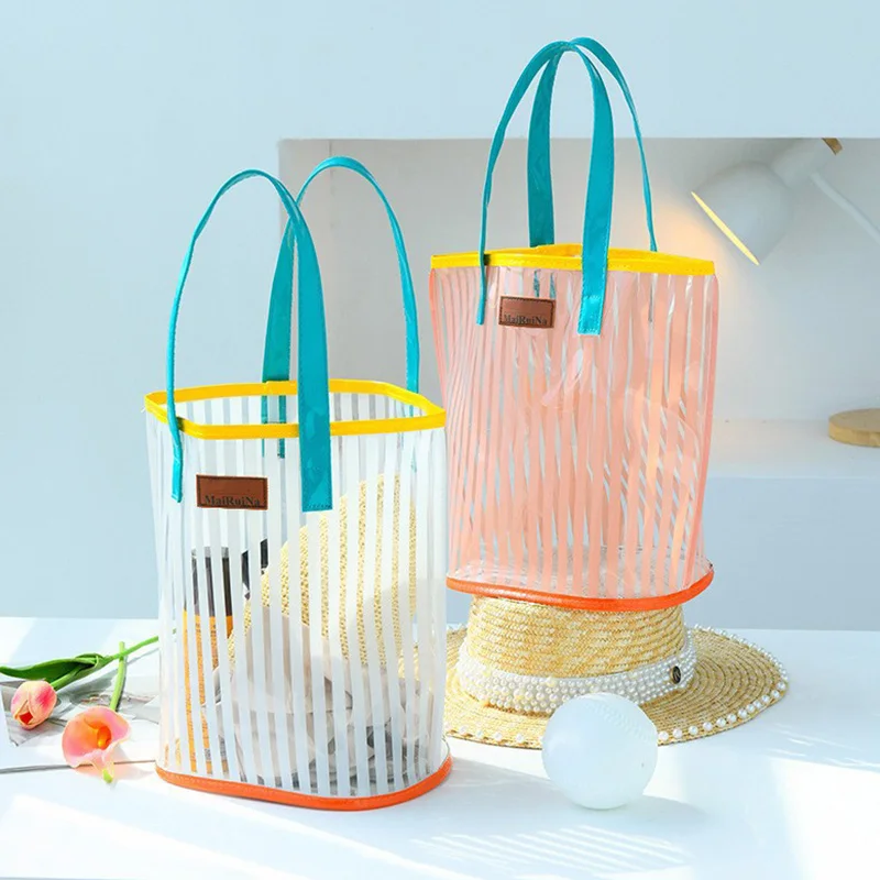 Cosmetic Bags Portable Large Capacity Striped Organizer Beach Transparent Folding Skincare Toiletry Bags PVC Shopping Handbag