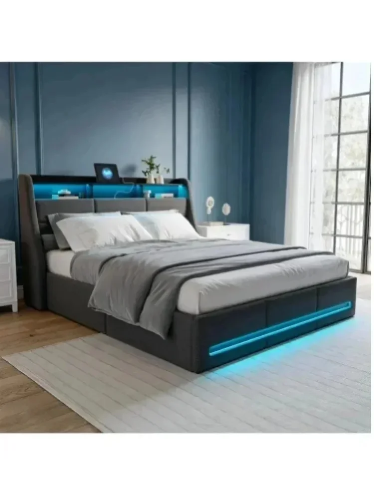 Fangange Polsterbett 140/160x200, Doppelbett mit Stauraum und Rahmen aus Holz, LED-Kopfteil mit USB-Ladeanschluss, 140x190 cm (wird in 2 Paketen geliefert).