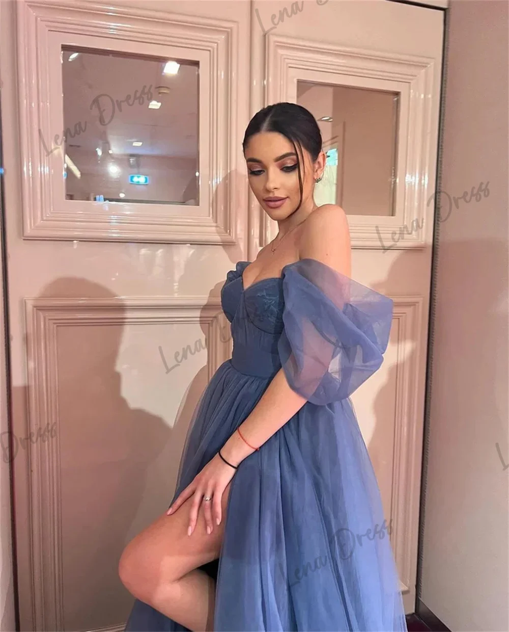 Lena Line A Elegant Party Dresses for Women Luxury Evening Dresses 2024 Gauze Blue Off the Shoulders Side Slit Prom Dress Gala