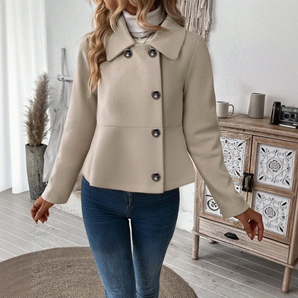 

Женская элегантная модная зимняя куртка, шерстяное пальто на пуговицах с длинными рукавами и отложным воротником, повседневная простая верхняя одежда