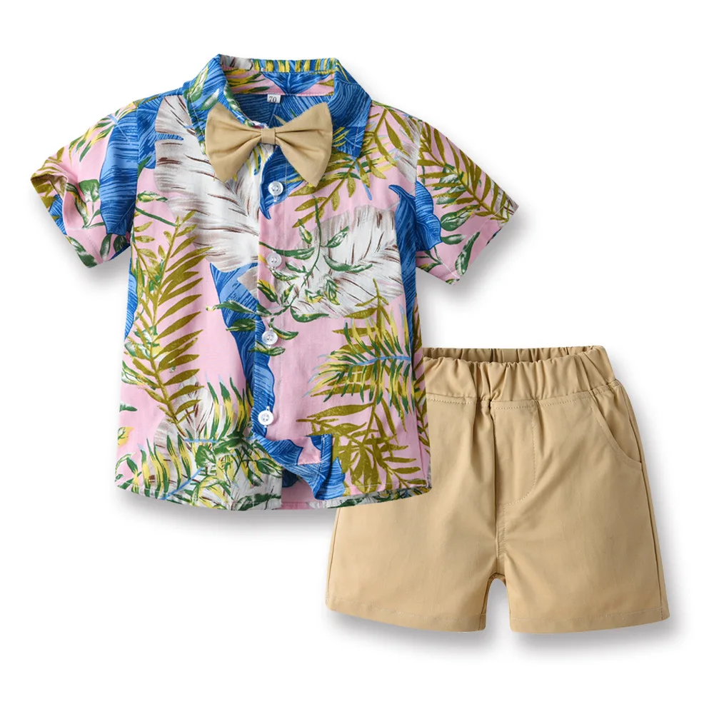 Boy Summer Clothing Boys\' Flower Shirts and Short Pants Set Cotton Vacation Beach Style Short-sleeved Flower Shirts and Shorts