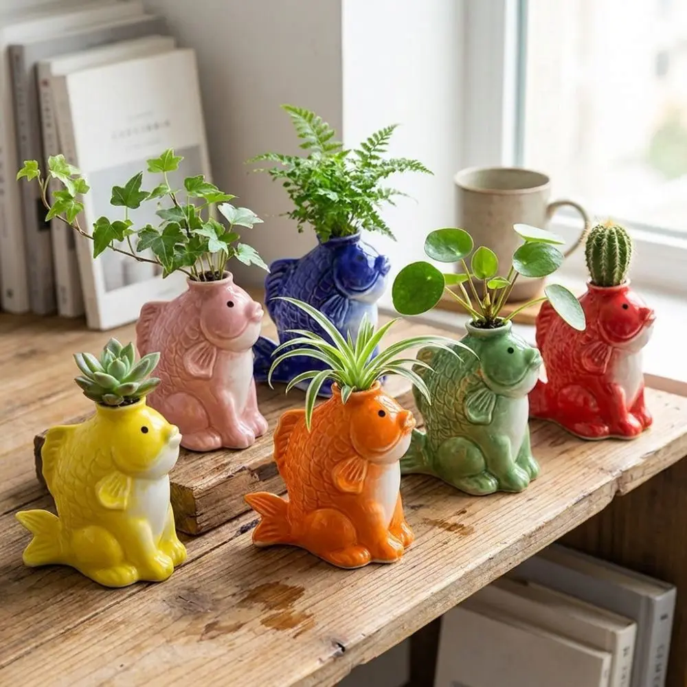 Mini Fish-shaped Ceramic Succulent Planter Unique Handcrafted Decorative Flower Vase Simulated Artistic Air Plant Holder Garden