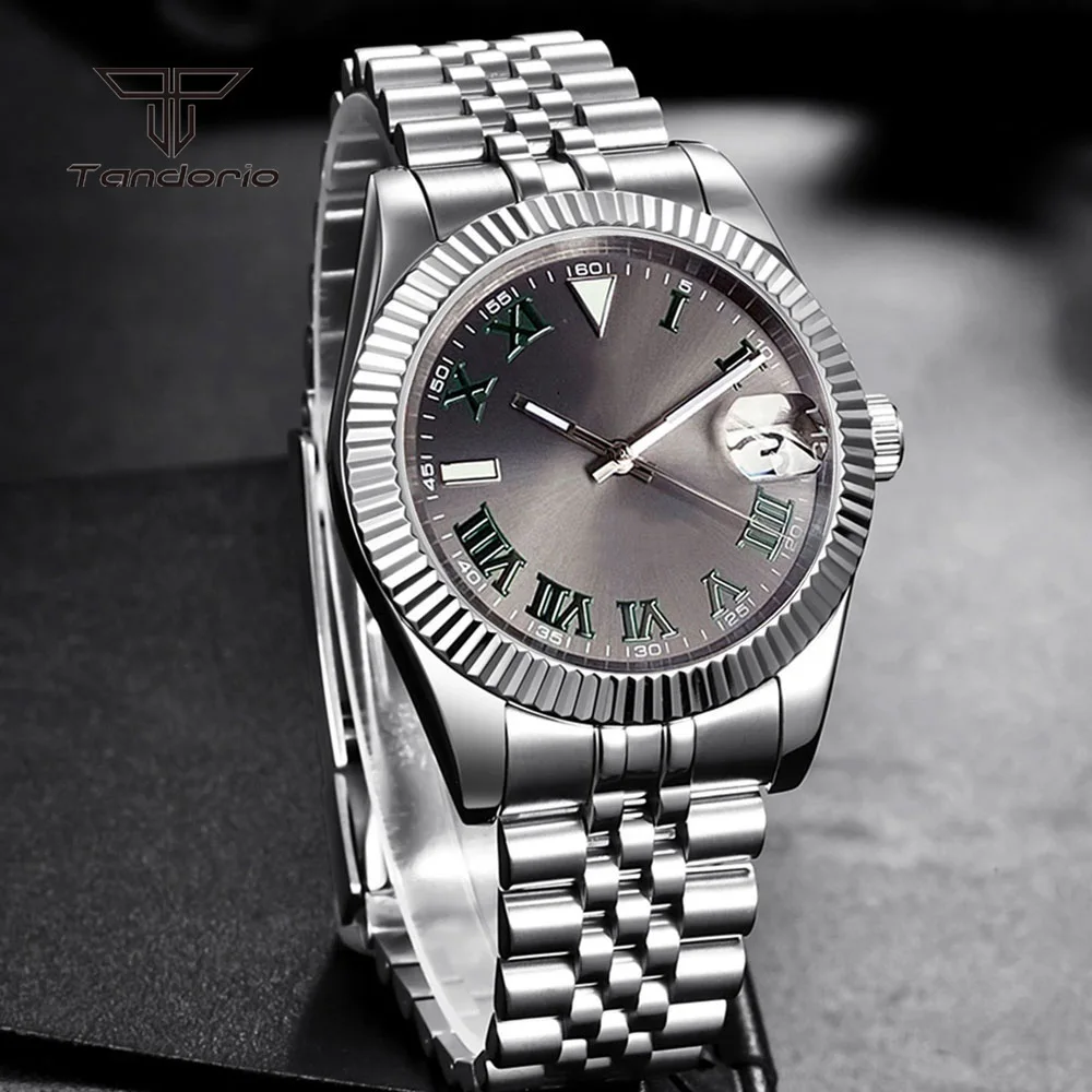 Tandorio Stainless Steel Automatic NH35 36mm/39mm Men's Watch Grey Sunburst Sapphire Roman Marks Mechanical Watches Date Lume