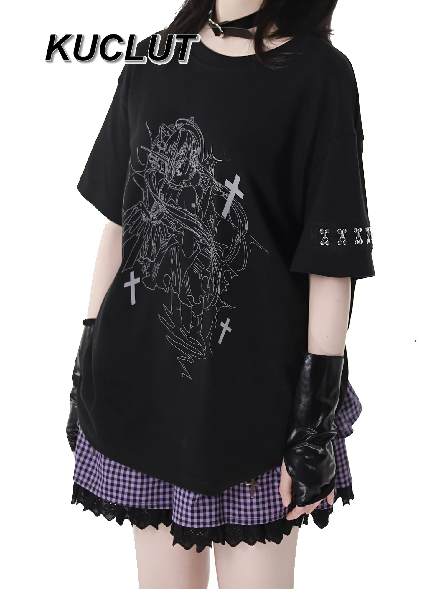 

Summer Women's Tops Fashion Skinny Loose Tees Crew Neck Tshirts Y2k Style Casual Black Short Sleeves T-shirts for Lady