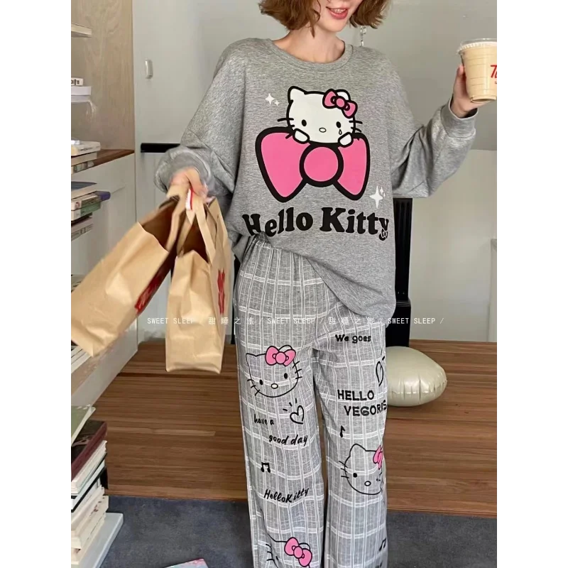 Sanrio Hello Kitty pure cotton round neck pullover pajamas women\'s spring and autumn comfortable casual long loungewear suit