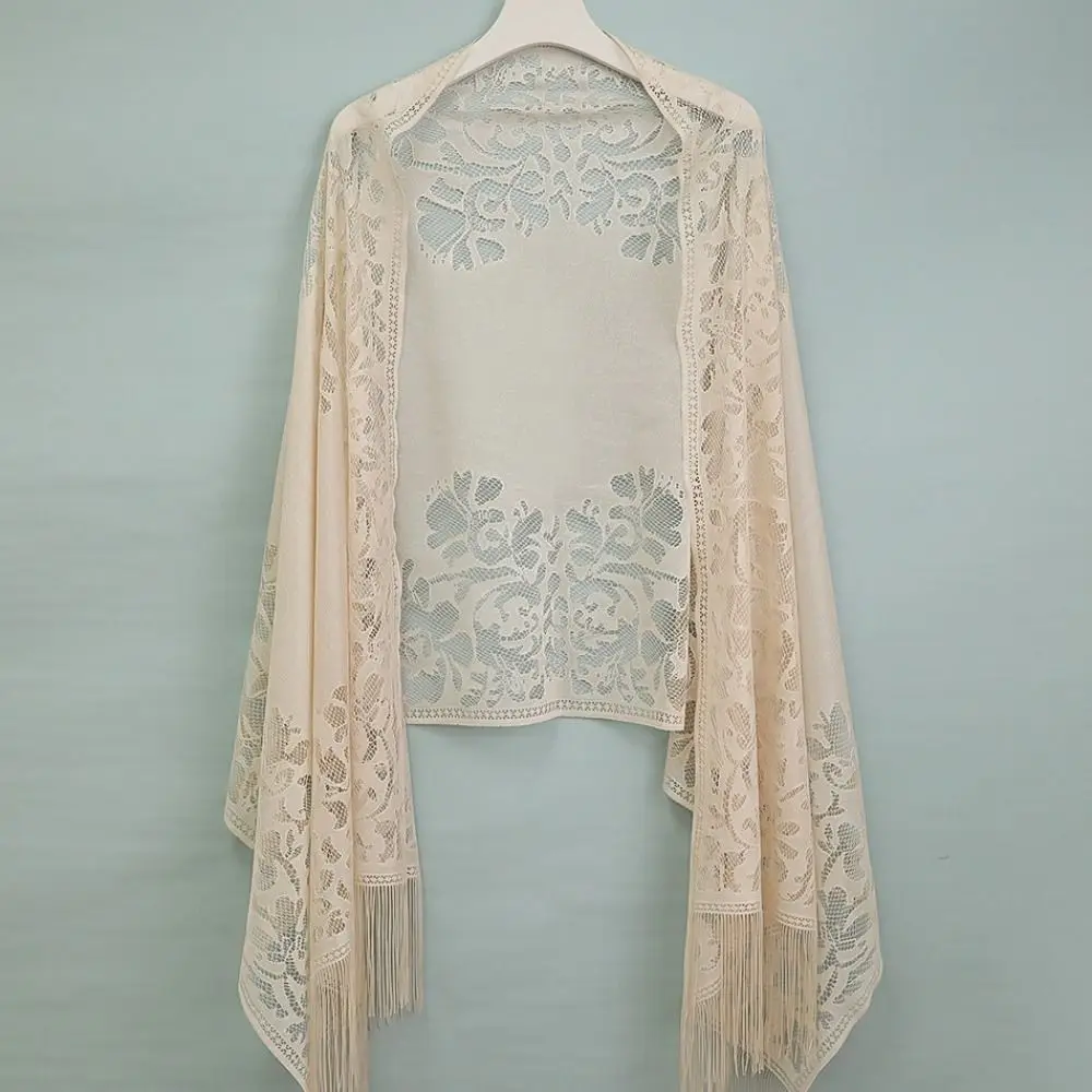Vintage Elegant ผู้หญิงผ้าคลุมไหล่ดอกไม้ Hollow พู่ผ้าพันคอบางเย็บปักถักร้อย Fringes Wraps ฤดูใบไม้ผลิฤดูร้อน
