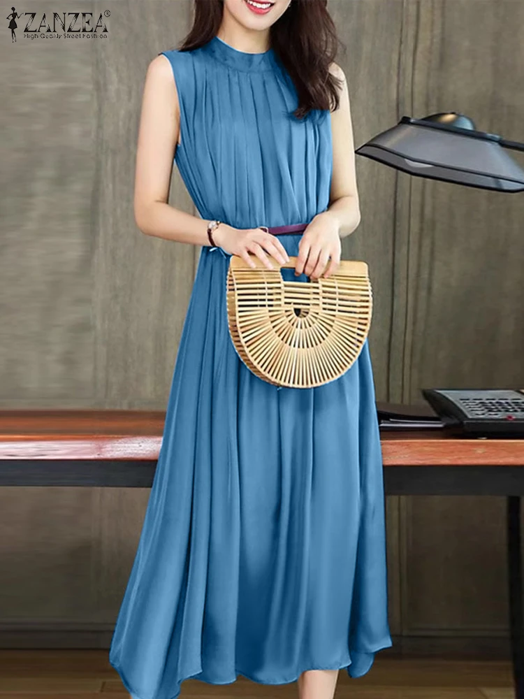 

ZANZEA Vintage Summer Swing Blue Tank Dress Women Elegant Pleating Long Sundress Holiday Casual Robe Fashion Stand Collar Dress