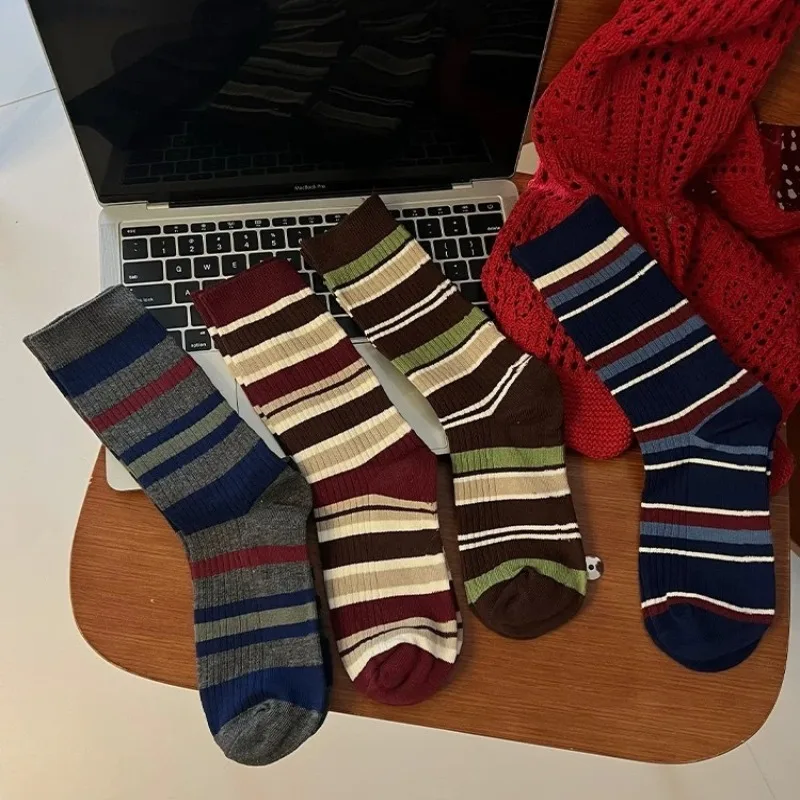 

4 pairs of retro striped socks for women midsole autumn winter pure cotton sweat absorbing simple comfortable long tube socks