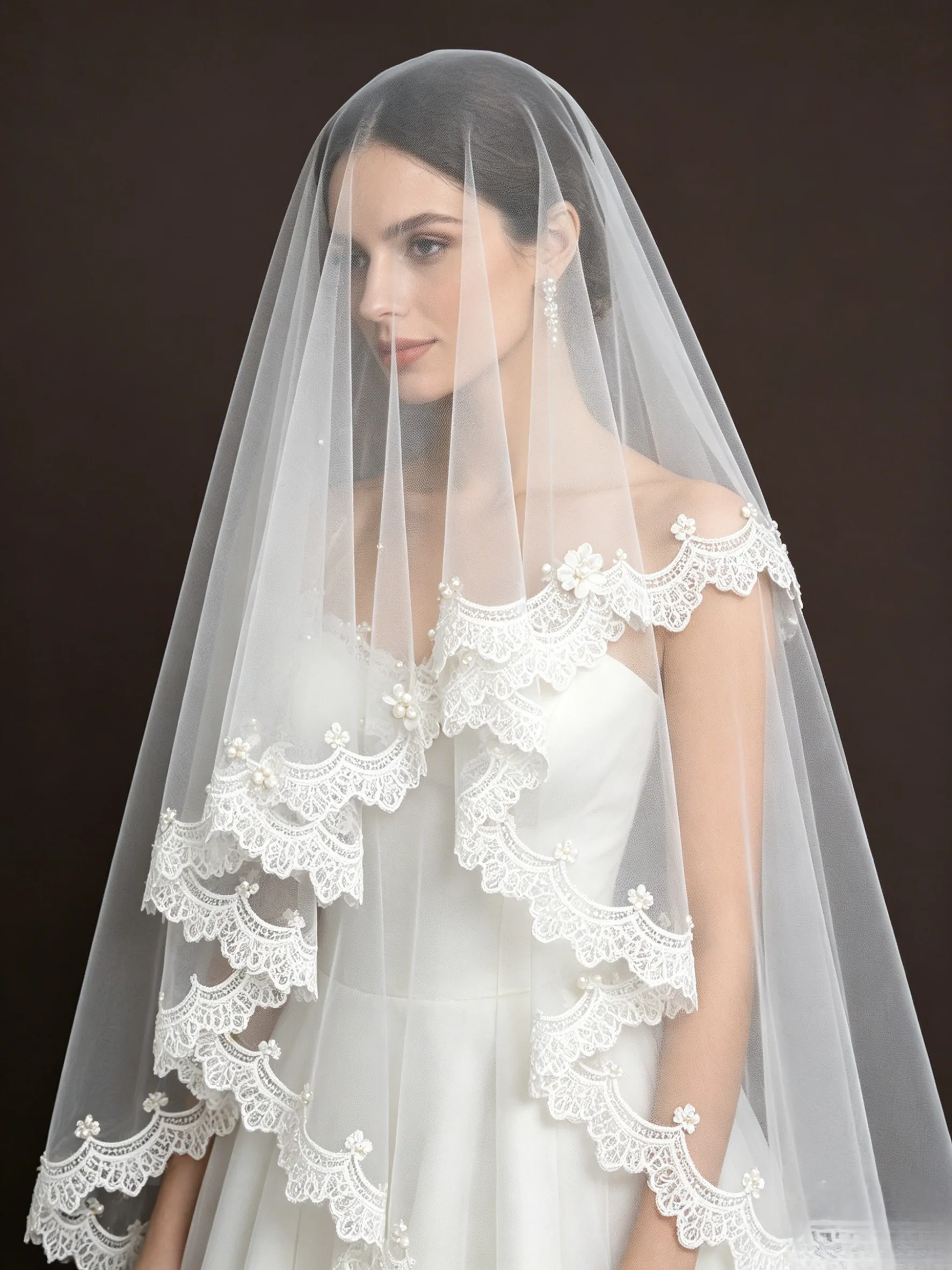 Bridal Wedding Veil with Lace Trim Pearl 3D Flower Single Layer White lvory Elegant Beaded Mantilla Accessory Whitout Comb G46