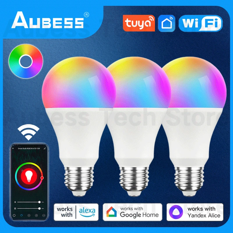 AUBESS 15 واط تويا E27/B22 LED أضواء لمبة RGB CW WW واي فاي LED مصباح اليكسا الذكية لمبة التحكم الصوتي متوافق مع أليس جوجل الرئيسية