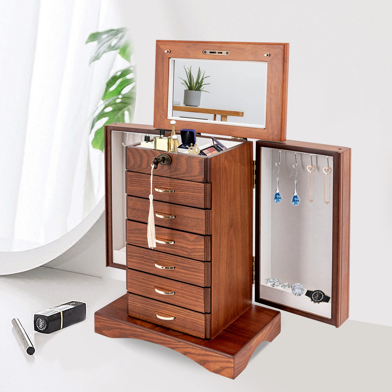 

Wooden Jewelry Box With Mirror And Lock 7-Layer Vintage Retro Jewelry Organizer For Necklace Rings Earrings Watches Storage Case