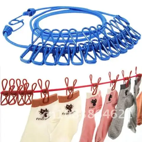 

12 Clips 180cm Multifunction Clothes Line Drying Rack with Steel Cloth Hangers Portable Travel Clothesline Pegs