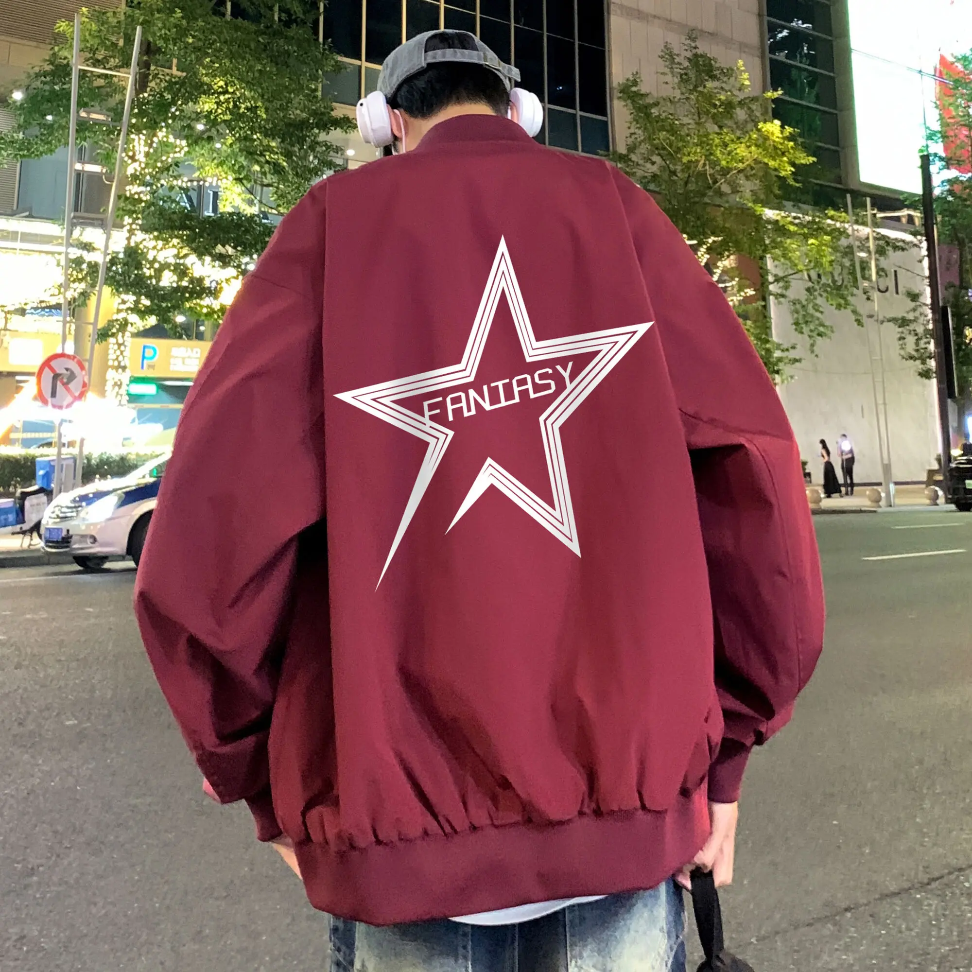 

2023 American dark red jacket, men's spring and autumn hiphop trendy pilot jacket, pentagram baseball jacket mens clothing fall