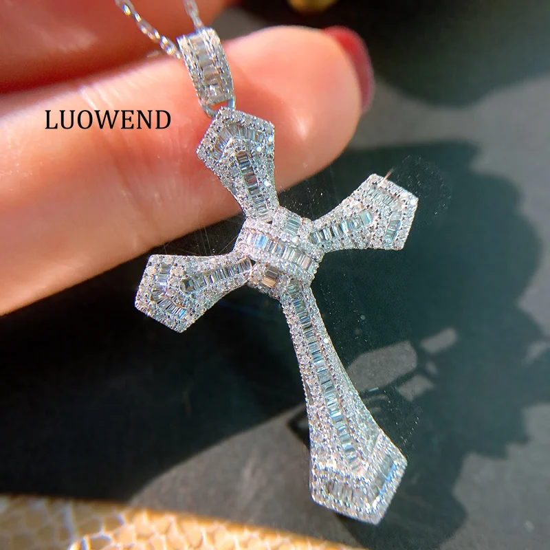 

LUOWEND 100% 18K White Gold Pendant Luxury Design 1.0carat Real Natural Diamond Cross Pendant for Women High Party Jewelry