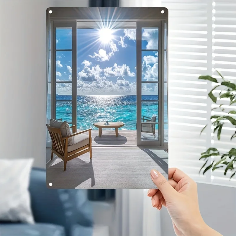 

Rustic Retro Advertising Sign for Home Decor，2D Flat, Tropical Beach Scene Metal Sign - Vibrant Ocean View with Sunlit Windows &