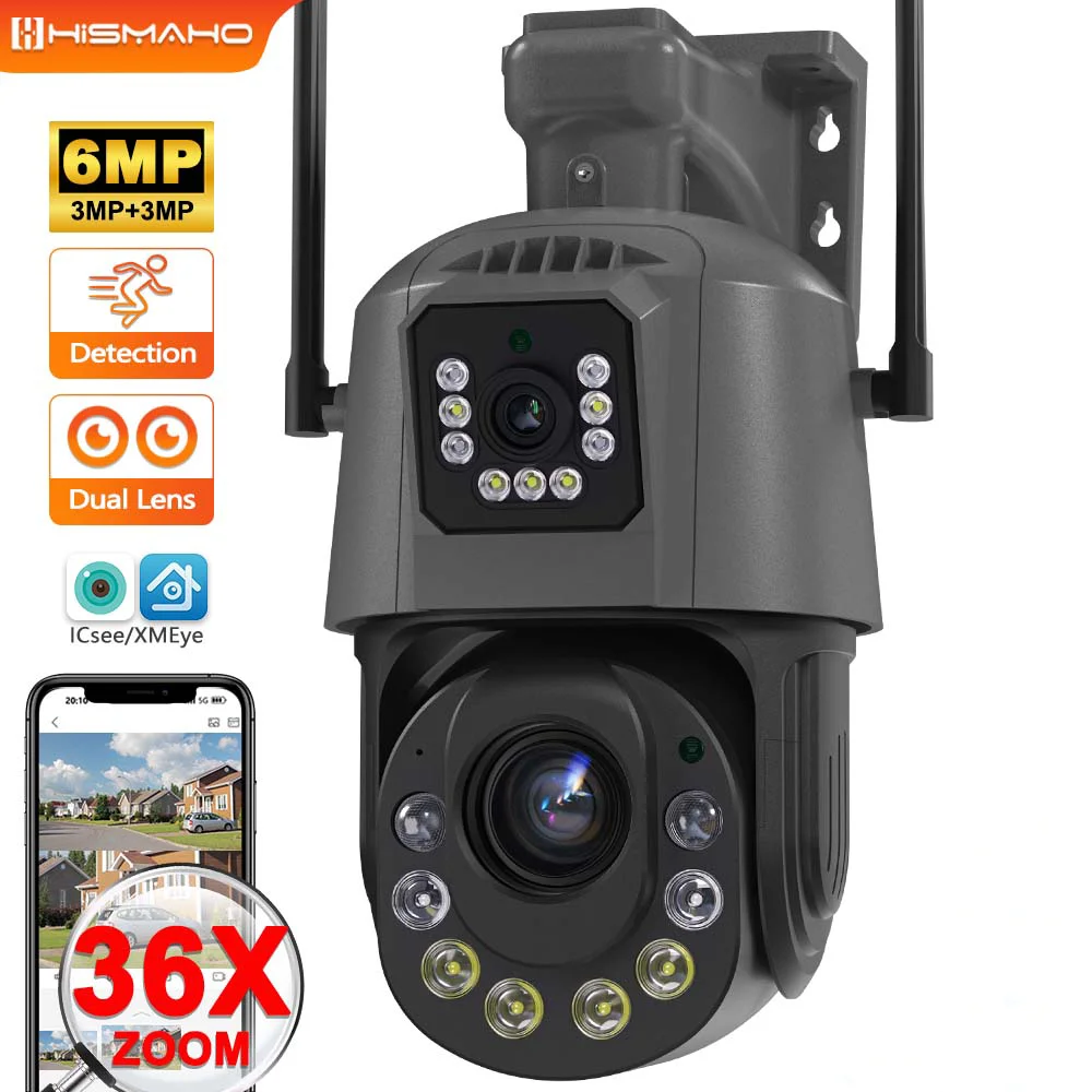 

6MP Security Camera Dual Lens WiFi Outdoor Protection IP Cam 36X Zoom PTZ CCTV Video Surveillance Auto Tracking NVR ICsee