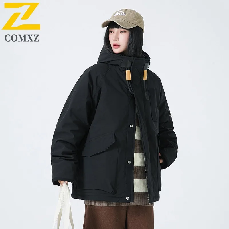 COMXZ Men Puffer Jacket Outdoor Hooded Adventure Climbing Travel Windproof Warm Camping Padding Coat Loose Snow Winter Padding