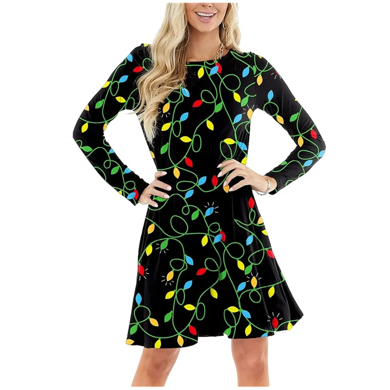 New 2025 Autumn Winter Long Sleeve Dresses Women's Fashion Christmas Lantern 3D Printed Dress Casual Loose Plus Size Party Dress