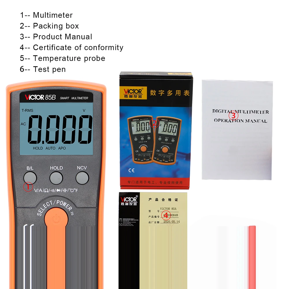 Imagem -06 - Victor-multímetro Digital de Alta Precisão Automático Inteligente Multifunções Anti-queimadura Amperímetro Tensão Corrente Ohm Tester 85a