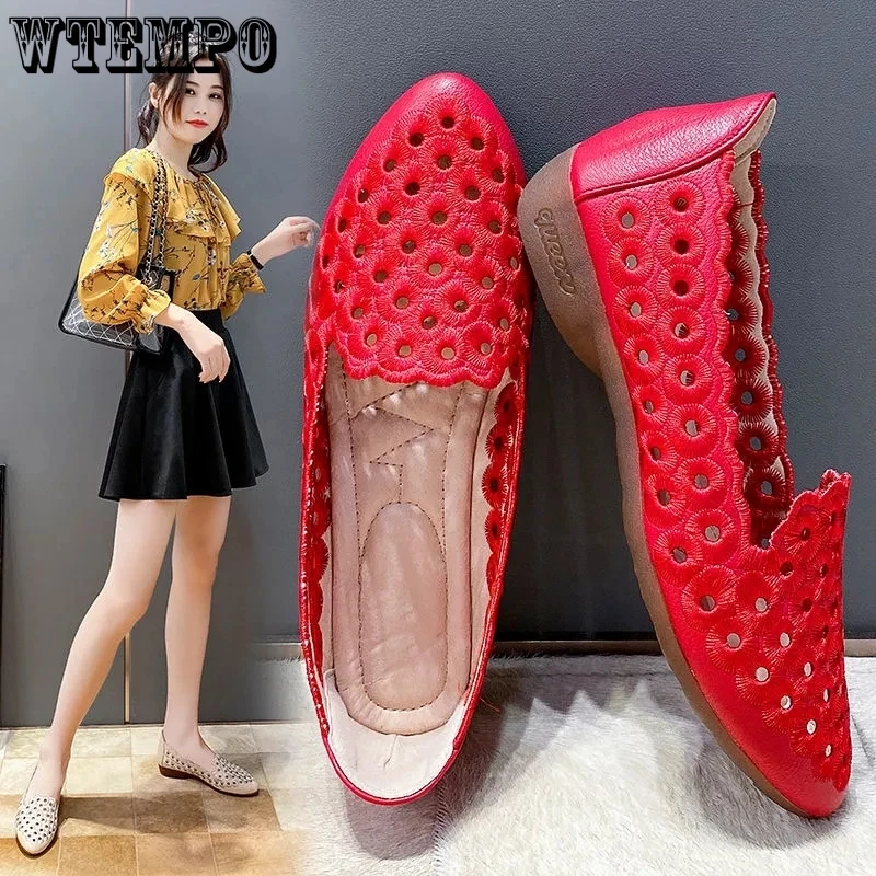 Hollow Red Leather Women\'s Soft Sole Pointed Toe Shallow Slip-on Simple Casual Commuting Korean Fashion Moccasin Drop Shipping