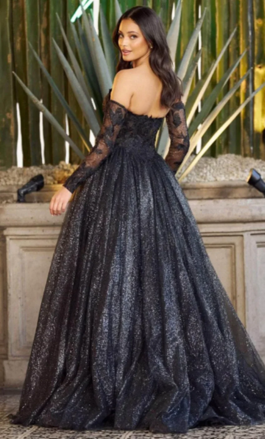 Othray Shinny Sequins Hemlines vestidos de noche Cathy Black Ball Gown Пром платья Кружева со съемными рукавами فساتين السهرة