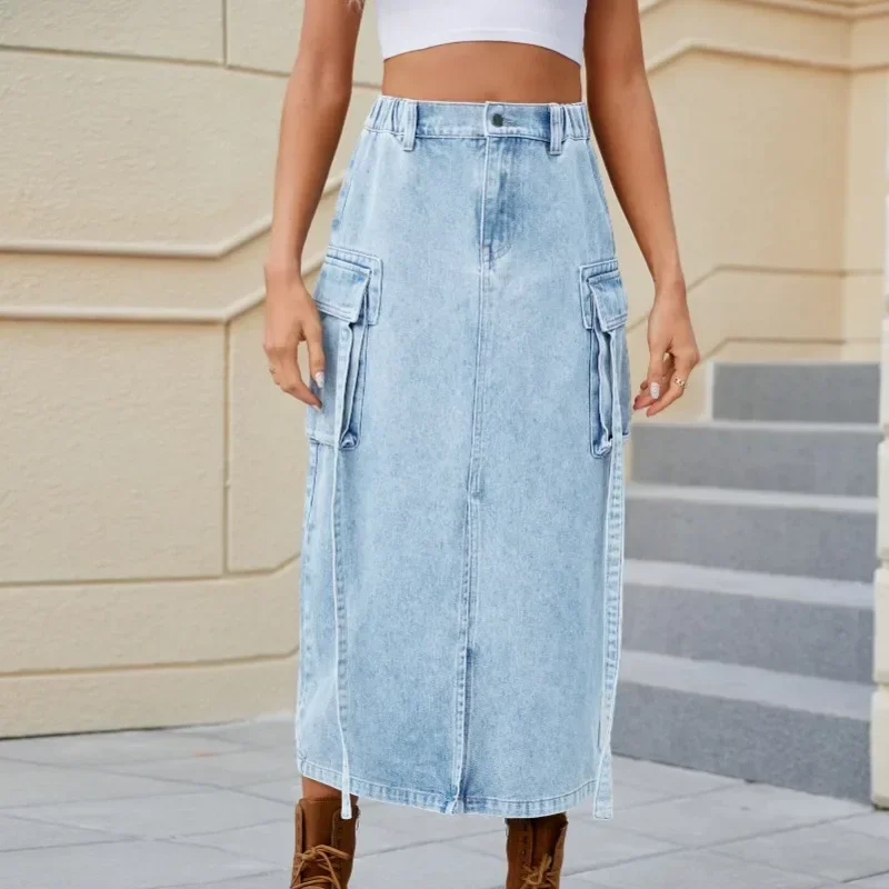 

Workwear Half Skirt Tide Washed Elastic Waist Strap
