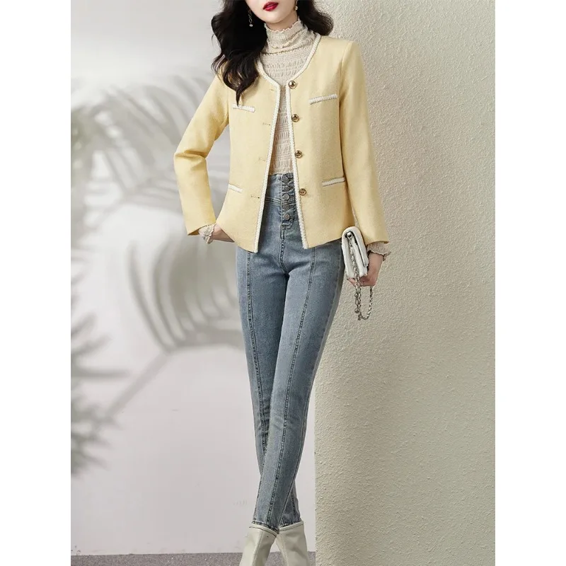 Blazer élégant blanc imbibé pour femme, veste de bureau formelle pour femme, col rond, manches longues, manteau solide pour document, printemps, automne