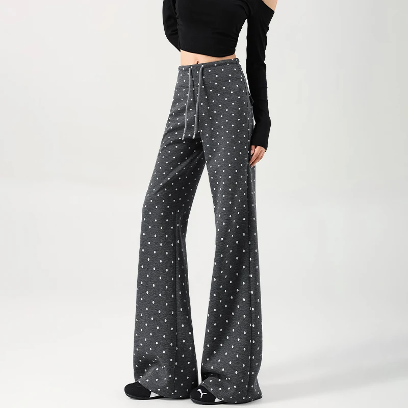 2026 Autumn Women Polka Dot Sweatpants High Waist Slim Micro Flare Pants Korean Style Casual Dot Long Trousers