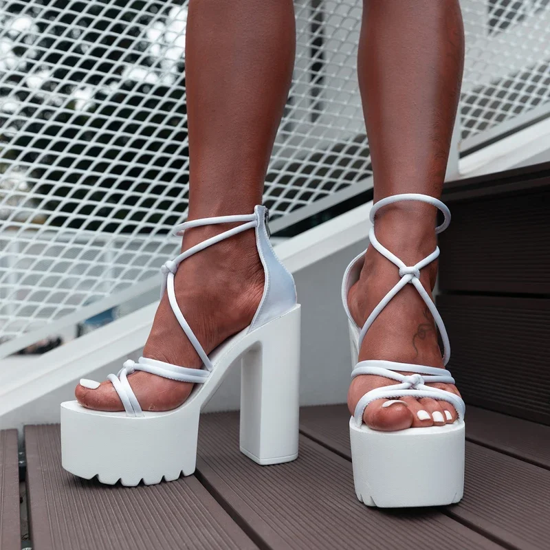 Roman Sandals Women Summer New High Heel Cross Strap Platform Opened Toe Fashion Show Plus Size Sandals Strappy Pumps 14.5cm