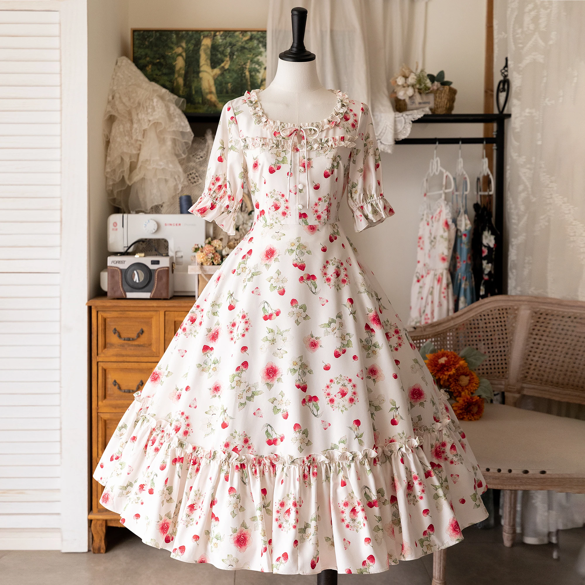 Retro 2024 Spring and Summer Classical CLA Elegant Lolita OP Dress Ladies Short Sleeve Flower Printed Long Dresses