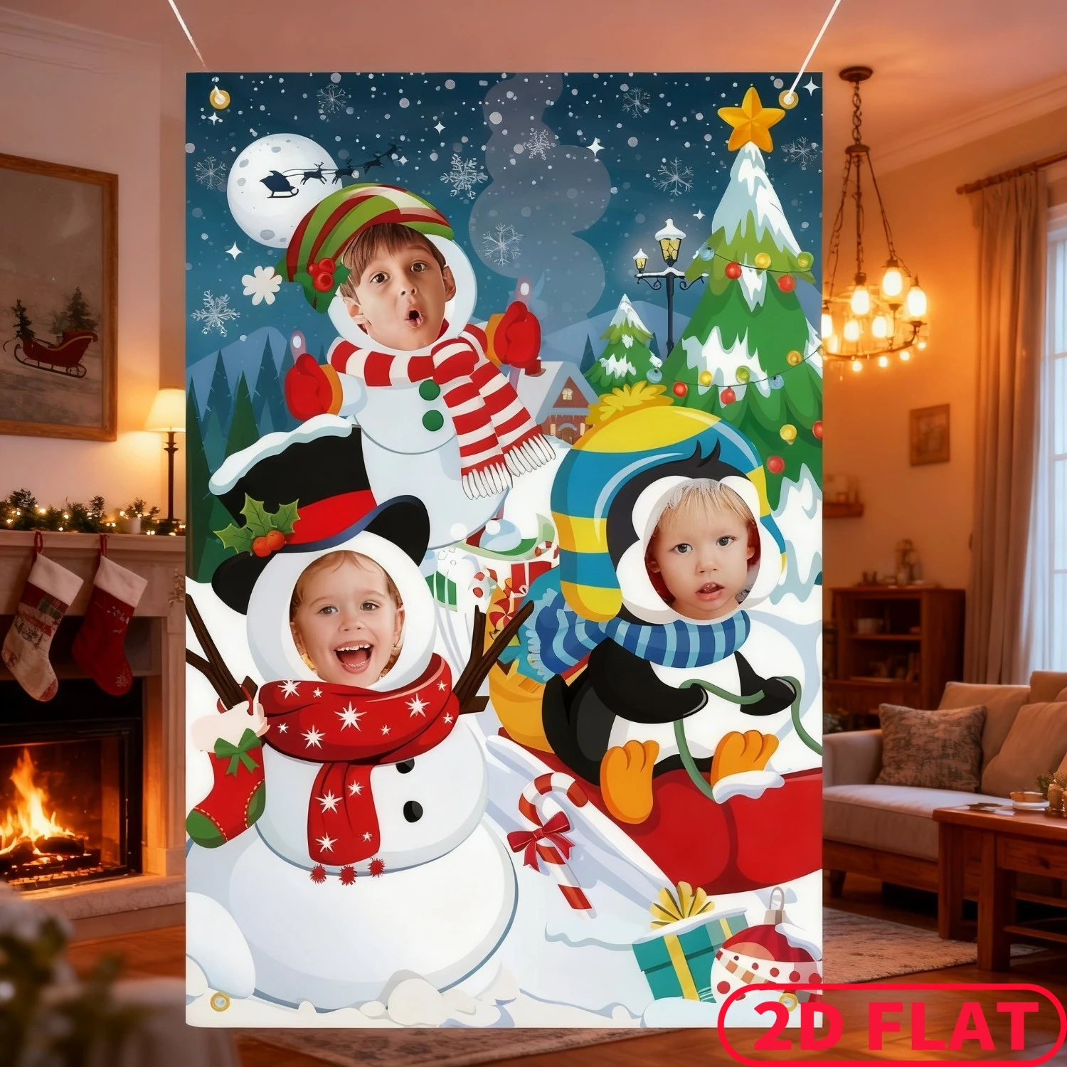 1pc Snowman Penguin Party Banner, Christmas Face in Hole Photo Door Cover, 39x59 Inch
