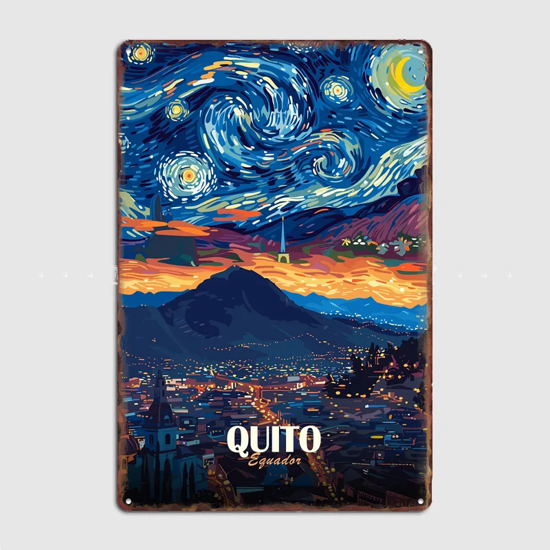 Quito, Ecuador: Póster de viaje con paisaje nocturno estrellado, cartel metálico personalizado para decoración de habitaciones, decoración del hogar, decoración de pared interior