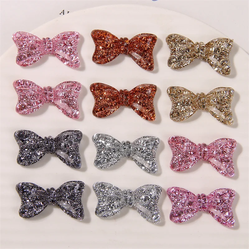 Wholesale 50pcs/lot glitter effect cartoon bow shape resin cabochon bowknot beads diy jewelry accessory