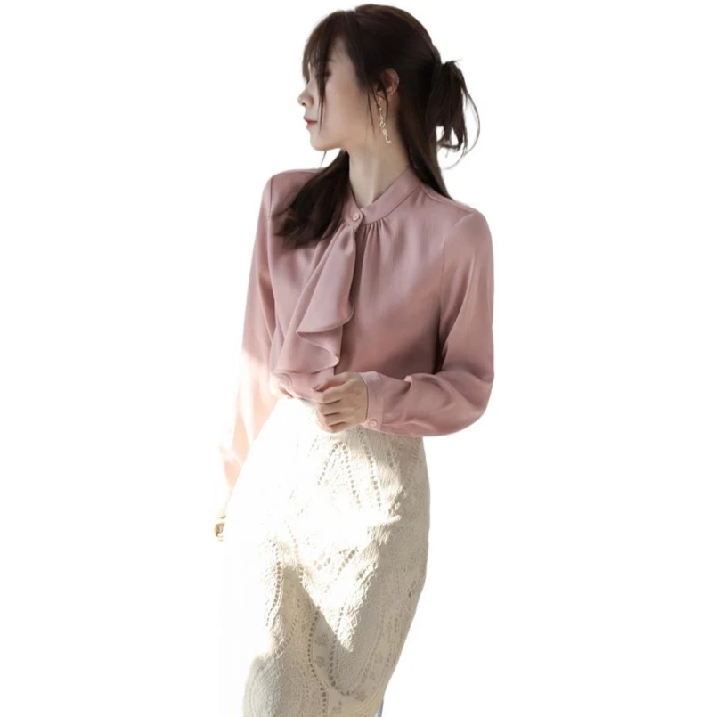 

Новая весенне-осенняя женская рубашка с длинным рукавом, модная шикарная атласная однотонная блузка, женская свободная пуловер с оборками и воротником-стойкой, топы