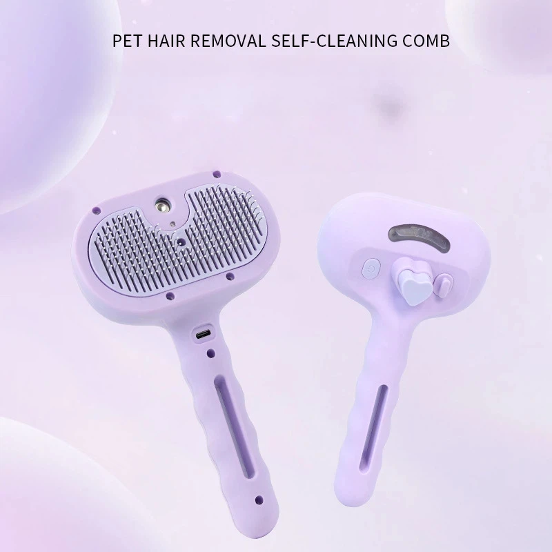 Peine para Eliminar Pelo de Mascotas con Luz Azul y Spray 140 ° Cepillo de masaje antiestático con dientes curvos para eliminar el pelo suelto de gatos y perros