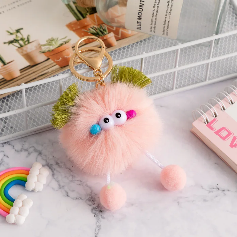 Car Keychain Cute Plush Doll Pompom Big Eyes Doll Pendant with Key Ring Purse Bag Backpack Charm Decor Women Girls Gifts