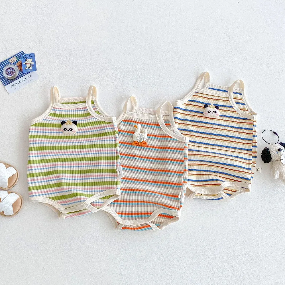 

2025 Summer Baby Romper 0-2Years Newborn Boy Girl Sleeveless Cartoon Striped Bodysuit Cotton Playsuit Outfits Clothes